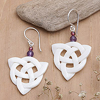 Amethyst and garnet dangle earrings, 'Triangular Knots'