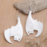 Bone dangle earrings, 'Bat Duo' - Bat Hand-Carved Bone Dangle Earrings with 925 Silver Hooks
