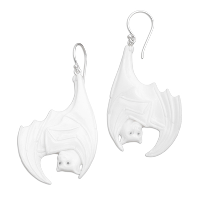 Bone dangle earrings, 'Bat Duo' - Bat Hand-Carved Bone Dangle Earrings with 925 Silver Hooks