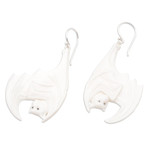 Bone dangle earrings, 'Bat Duo' - Bat Hand-Carved Bone Dangle Earrings with 925 Silver Hooks