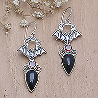Garnet dangle earrings, 'Winged Appeal' - Bat-Themed Sterling Silver Dangle Earrings with Garnet Stone