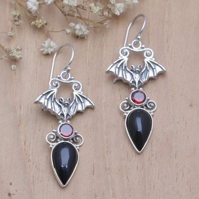 Garnet dangle earrings, 'Winged Appeal' - Bat-Themed Sterling Silver Dangle Earrings with Garnet Stone