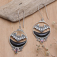 Garnet dangle earrings, 'Black Crescent Moon'