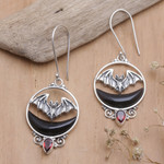 Garnet dangle earrings, 'Black Crescent Moon' - Bat & Moon Sterling Silver Dangle Earrings with Garnet Stone