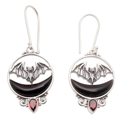 Garnet dangle earrings, 'Black Crescent Moon' - Bat & Moon Sterling Silver Dangle Earrings with Garnet Stone