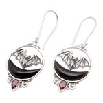 Garnet dangle earrings, 'Black Crescent Moon' - Bat & Moon Sterling Silver Dangle Earrings with Garnet Stone