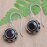 Garnet dangle earrings, 'Batur in Red' - Balinese Sterling Silver Dangle Earrings with Garnet Stones
