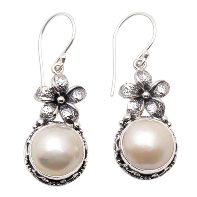 Cultured pearl dangle earrings, 'Pearly Frangipani' - Sterling Silver Frangipani Dangle Earrings with White Pearls