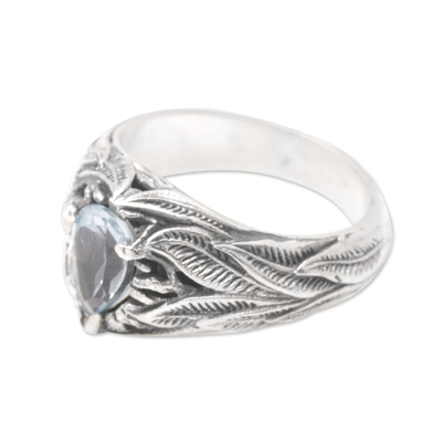Blue topaz single stone ring, 'Leafy Style' - Sterling Silver Ring with Blue Topaz & Leaf Motif from Bali