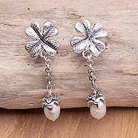 Cultured pearl dangle earrings, 'Cloverleaf' - Sterling Silver Cloverleaf Dangle Earrings with Grey Pearls