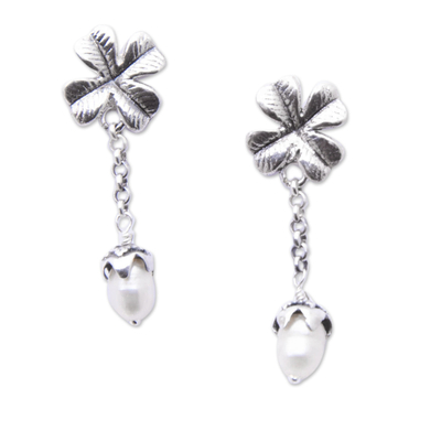 Aretes colgantes de perlas cultivadas - Pendientes colgantes de hoja de trébol de plata de ley con perlas grises
