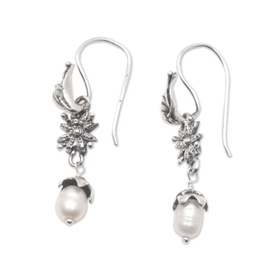 Cultured pearl dangle earrings, 'Chic Lily' - Sterling Silver Floral Dangle Earrings with Cultured Pearls