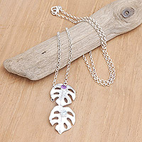 Blue topaz and amethyst pendant necklace, 'Gleaming Monstera' - Silver Leaf Pendant Necklace with Blue Topaz and Amethyst