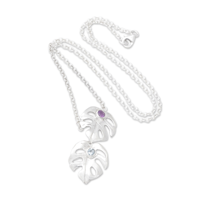 Blue topaz and amethyst pendant necklace, 'Gleaming Monstera' - Silver Leaf Pendant Necklace with Blue Topaz and Amethyst