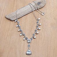 Cultured pearl and blue topaz Y necklace, 'Sea Majesty'