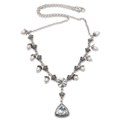 Cultured pearl and blue topaz Y necklace, 'Sea Majesty' - Floral Y Necklace with White Pearls and Blue Topaz Jewel