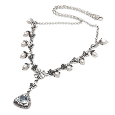 Cultured pearl and blue topaz Y necklace, 'Sea Majesty' - Floral Y Necklace with White Pearls and Blue Topaz Jewel