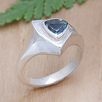 Blue topaz single stone ring, 'Sparkling Indigo' - Sterling Silver Triangle Ring with Blue Topaz Stone
