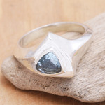 Blue topaz single stone ring, 'Sparkling Indigo' - Sterling Silver Triangle Ring with Blue Topaz Stone