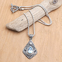 Blue topaz pendant necklace, 'Batur Style'