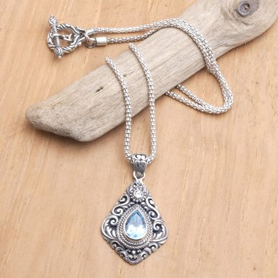 Blue topaz pendant necklace, 'Batur Style' - Sterling Silver Pendant Necklace with Blue Topaz Gemstone