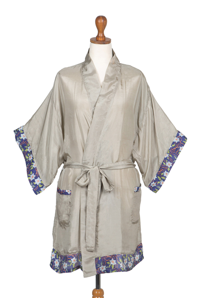 Bata de seda - Bata de seda estampada floral con cinturón y bolsillos a juego