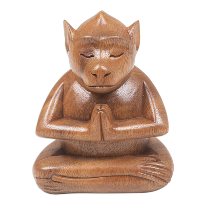 Handcrafted Brown Suar Wood Monkey Statuette from Bali
