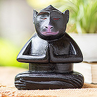 Wood statuette, 'Joyous Apprentice at Night' - Handcrafted Black Suar Wood Monkey Statuette from Bali