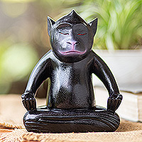 Wood statuette, 'Joyous Master at Night' - Handmade Black Suar Wood Monkey Statuette from Bali