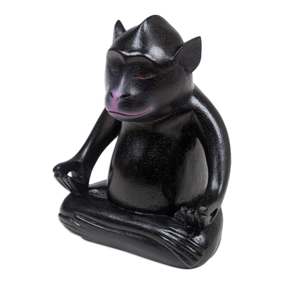 Wood statuette, 'Joyous Master at Night' - Handmade Black Suar Wood Monkey Statuette from Bali