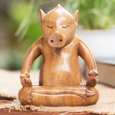 Holzstatuette - Handgefertigte Schweinestatuette aus braunem Suarholz aus Bali