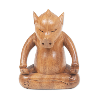 Wood statuette, 'Gentle Master' - Handmade Brown Suar Wood Pig Statuette from Bali
