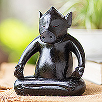 Wood statuette, 'Gentle Master at Night' - Handmade Black Suar Wood Pig Statuette from Bali