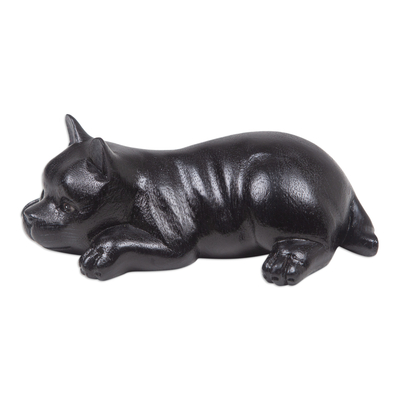 Wood sculpture, 'Sleepy Paws' - Hand-Carved Black Suar Wood Sculpture of a Sleepy Puppy