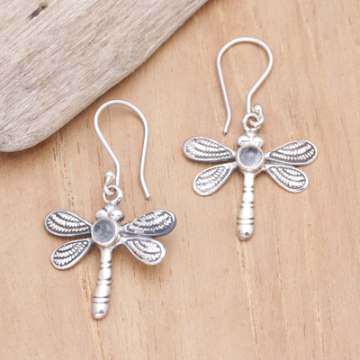 Rainbow moonstone dangle earrings, 'Harmonious Change' - Dragonfly Dangle Earrings with Natural Rainbow Moonstones