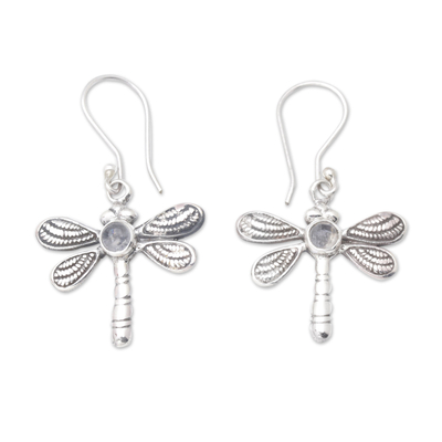 Rainbow moonstone dangle earrings, 'Harmonious Change' - Dragonfly Dangle Earrings with Natural Rainbow Moonstones