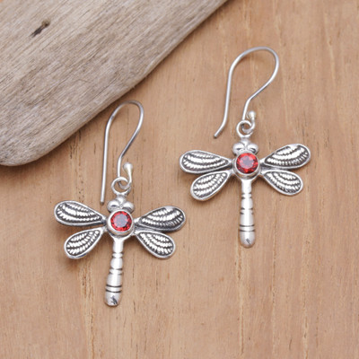 Garnet dangle earrings, 'Passionate Change' - Dragonfly Dangle Earrings with Natural Garnet Stones