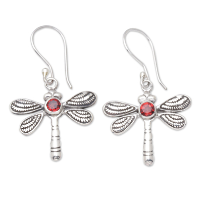 Dragonfly Dangle Earrings with Natural Garnet Stones