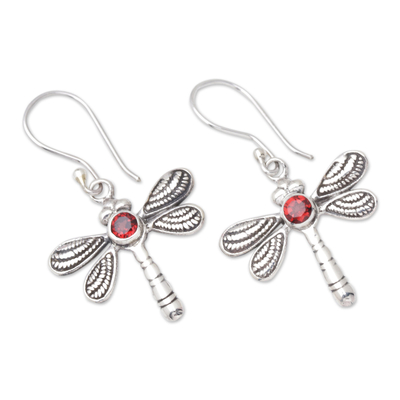 Garnet dangle earrings, 'Passionate Change' - Dragonfly Dangle Earrings with Natural Garnet Stones