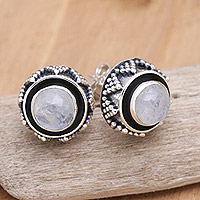 Rainbow moonstone button earrings, 'Echoes of Harmony' - Sterling Silver Button Earrings with Rainbow Moonstones