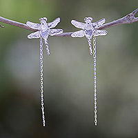 Rainbow moonstone dangle earrings, 'Harmony Fluttering' - Dragonfly Dangle Earrings with Natural Rainbow Moonstones