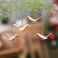 Wood ornaments, 'Vigorous Sparrows' (set of 4) - Hand-Carved Wood Sparrow Bird Christmas Ornaments (Set of 4)