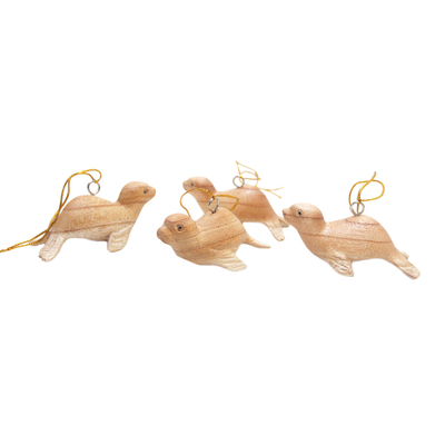 Hand-Carved Wood Sea Lion Christmas Ornaments (Set of 4)