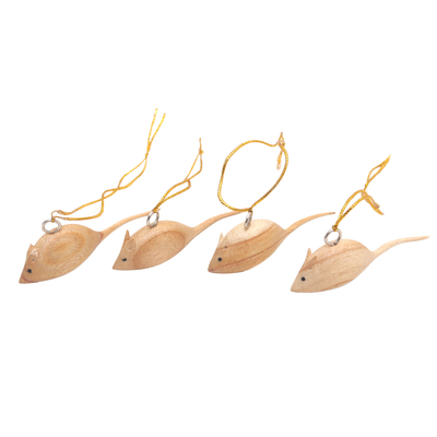 Wood ornaments, 'Tiny Mice' (set of 4) - Hand-Carved Wood Mouse Christmas Ornaments (Set of 4)