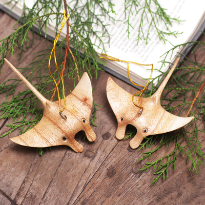 Wood ornaments, 'Curious Stingrays' (pair) - Pair of Hand-Carved Wood Stingray Christmas Ornaments