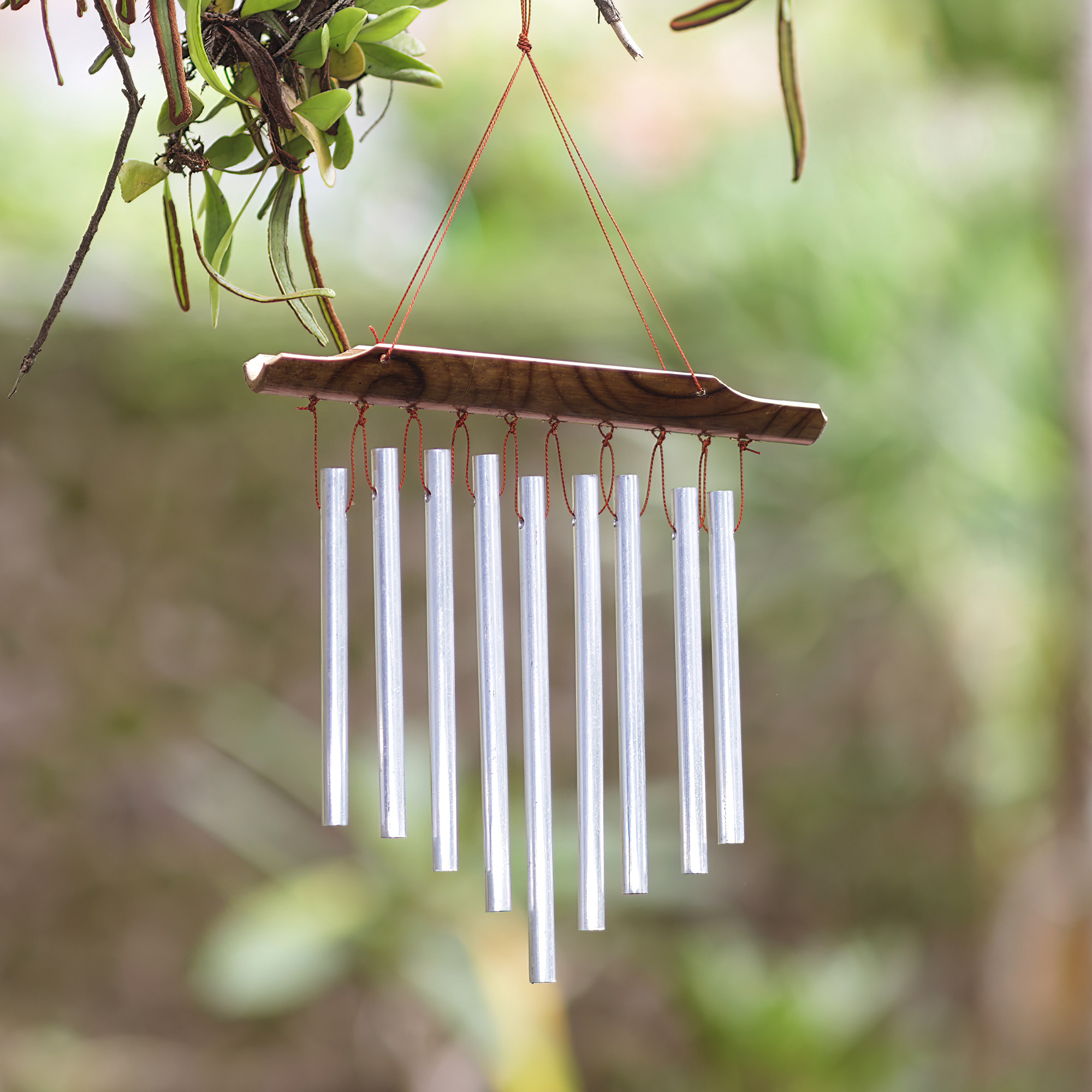 Handcrafted Porcelain Wind Chime on Real Grapevine, Brown Leaf, 12