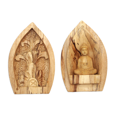 Two-piece wood statuette, 'Meditation and Peace' - Two-Piece Wood Statuette of Buddha Hand-Carved in Bali