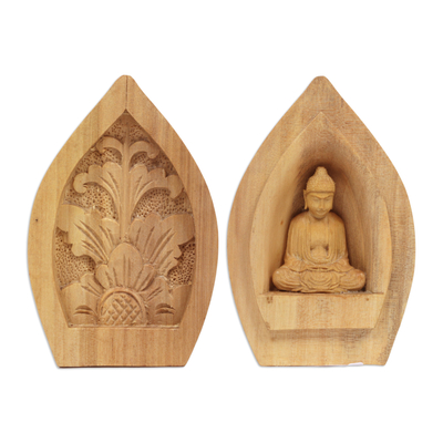Two-piece wood statuette, 'Solitude and Peace' - Hand-Carved Two-Piece Wood Statuette with Buddha Motif
