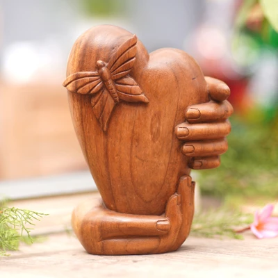 Wood sculpture, 'Love Butterfly' - Hand-Carved Suar Wood Sculpture of Heart and Butterfly