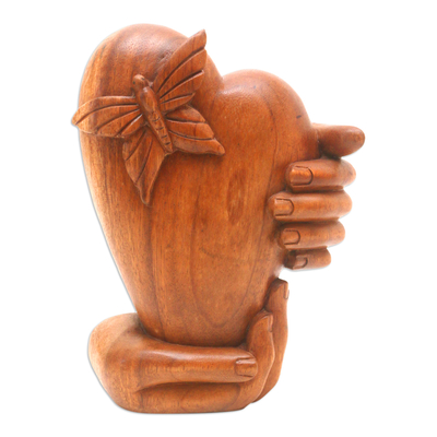 Wood sculpture, 'Love Butterfly' - Hand-Carved Suar Wood Sculpture of Heart and Butterfly